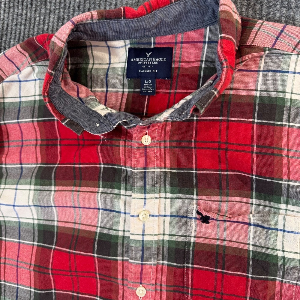 American Eagle Plaid Flannel Shirt Mens L Button Up Long Sleeve Classic Fit‎ Red
